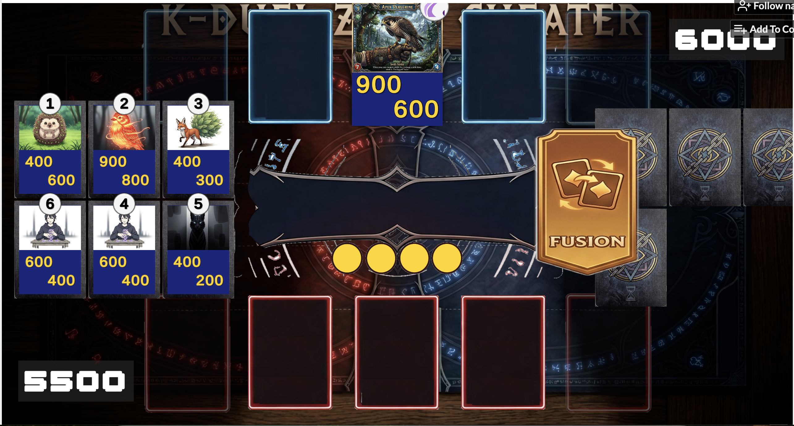 Duel board with creature cards and fusion mechanic