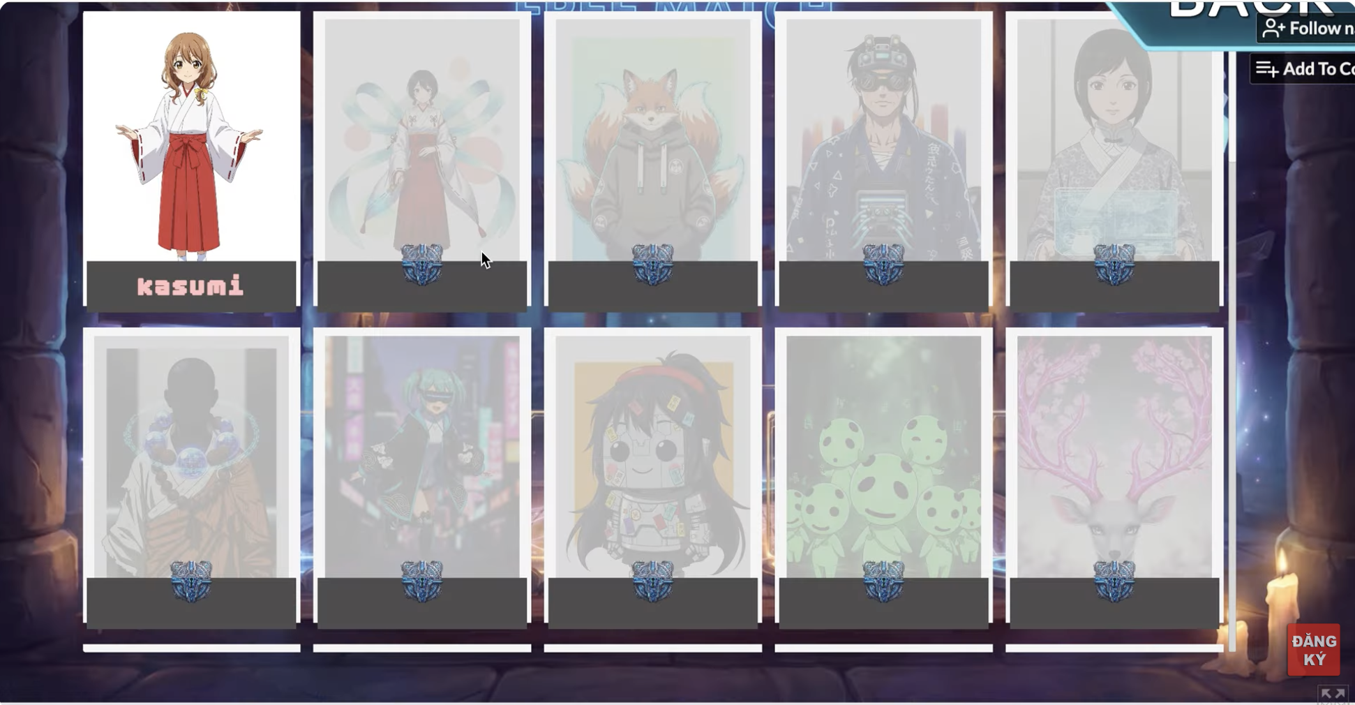 Character selection screen with Kasumi and roster of duelists